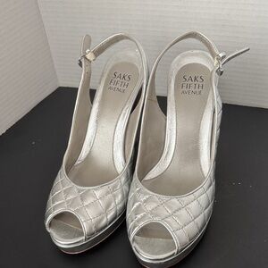 Saks Fifth Avenue Quilted Silver Slingback Heels